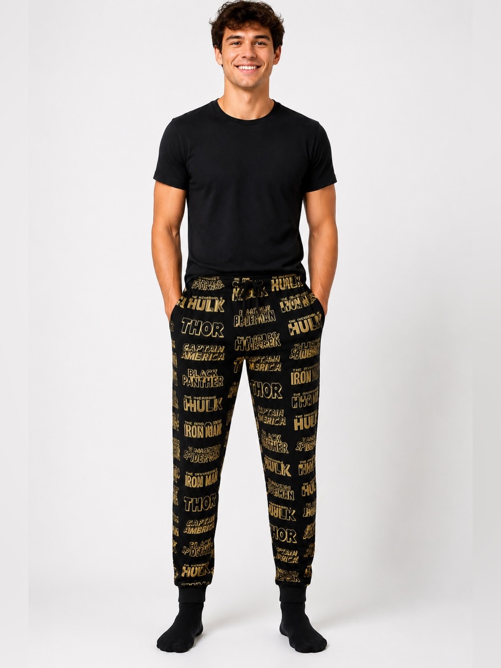 Marvel Avengers Lounge Pants Small Black Gold Joggers Hulk Thor Spider-Man